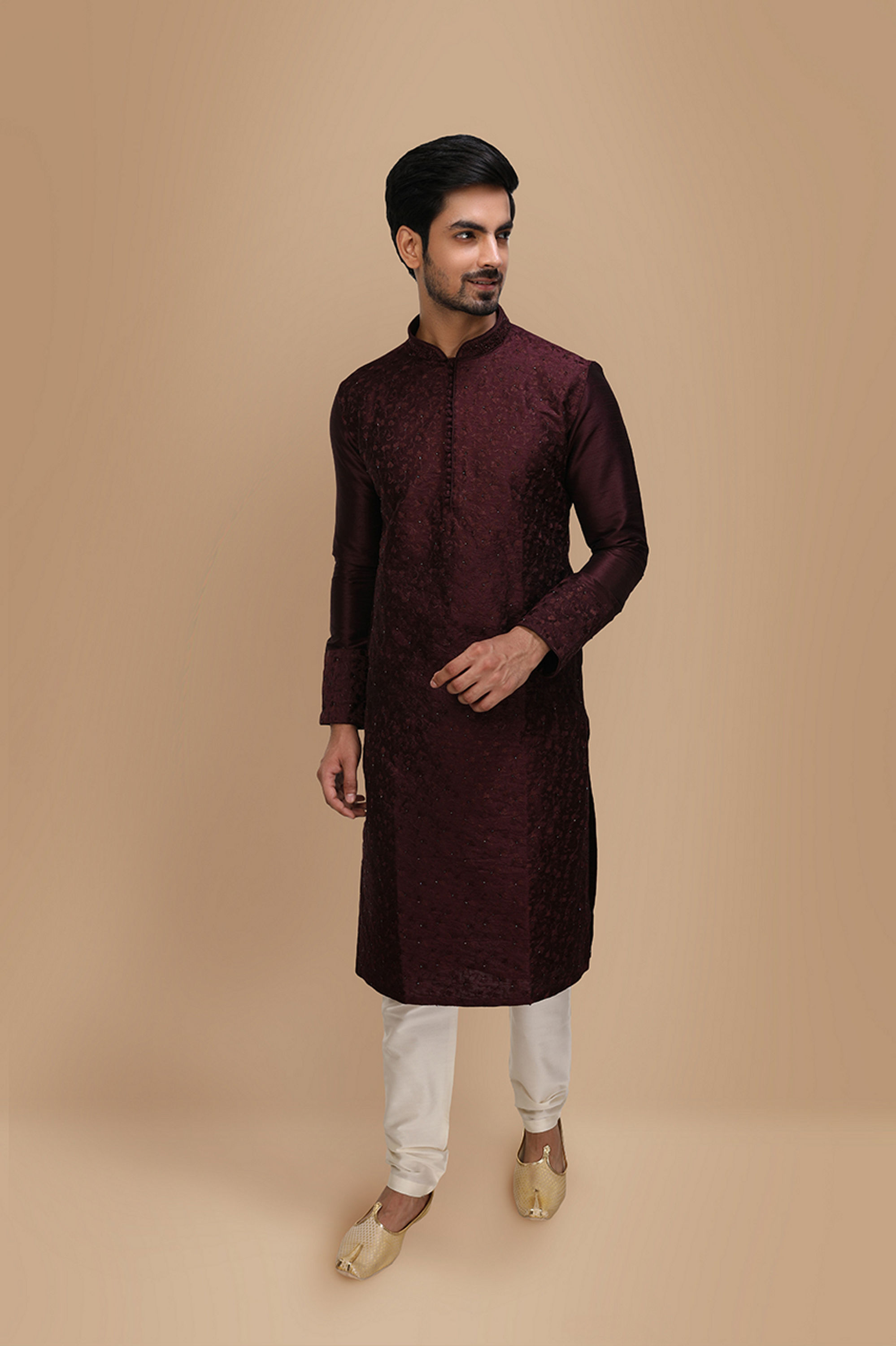 Manyavar Men Plum Thread Embroidered Kurta Set