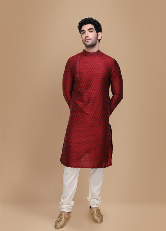 Manyavar Men Maroon Side Open Kurta Set