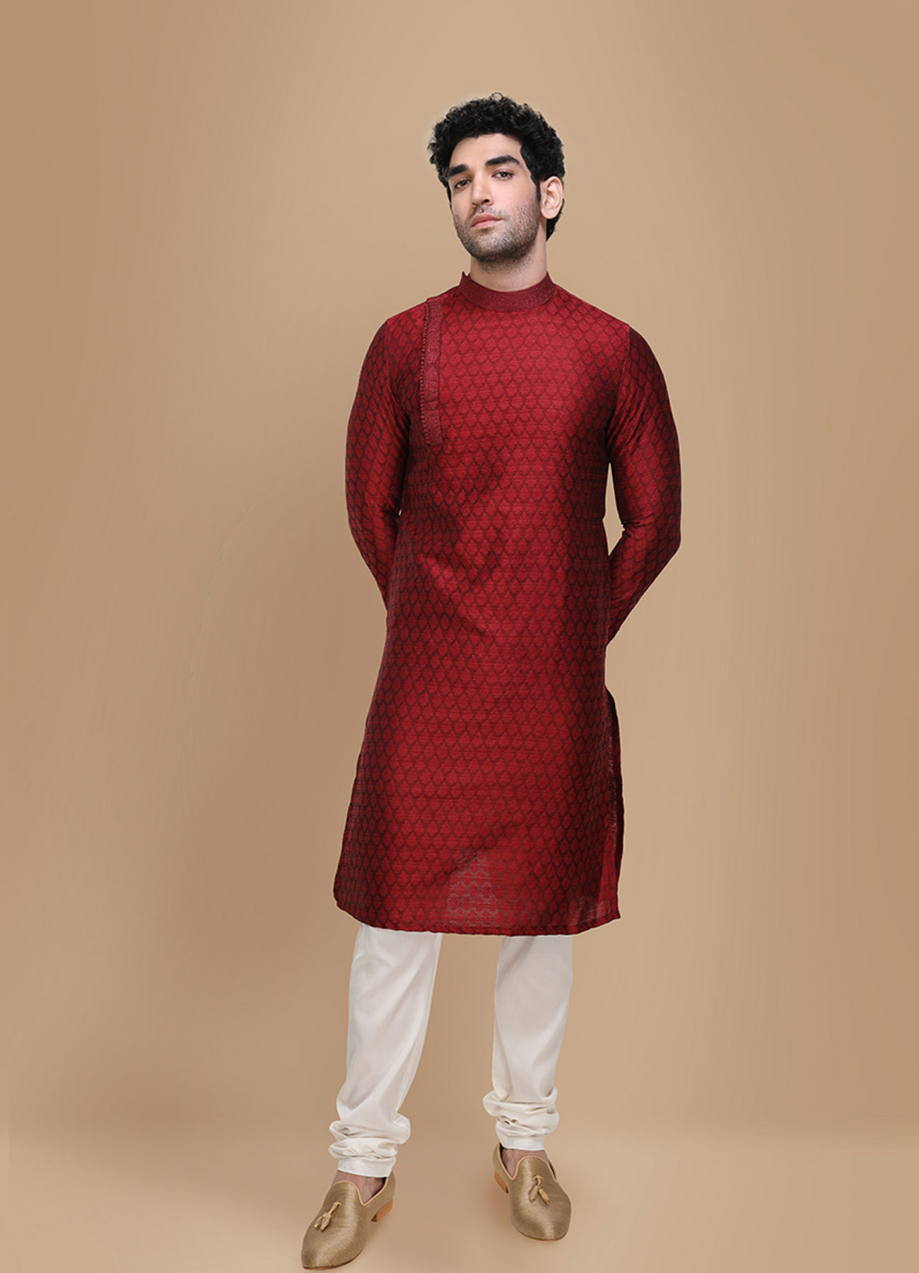 Manyavar Men Maroon Side Open Kurta Set