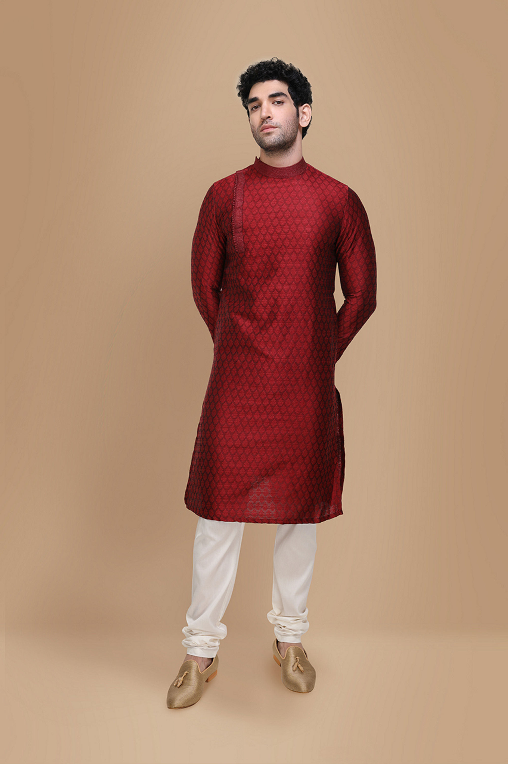 Manyavar Men Maroon Side Open Kurta Set