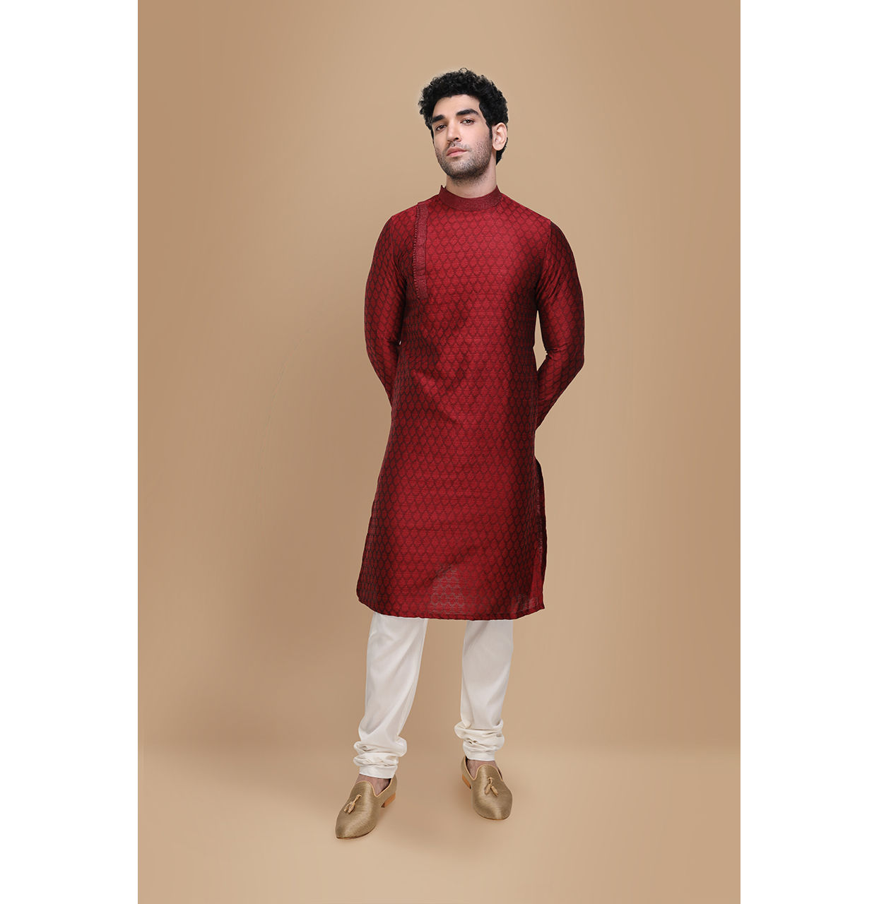 Manyavar Men Maroon Side Open Kurta Set