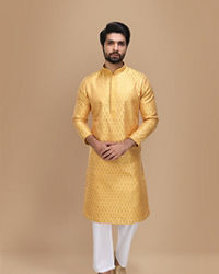Manyavar Men Yellow Jacquard Kurta Set