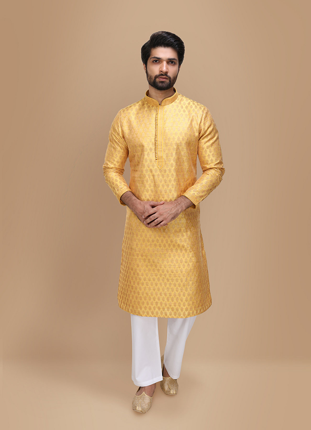 Manyavar Men Yellow Jacquard Kurta Set