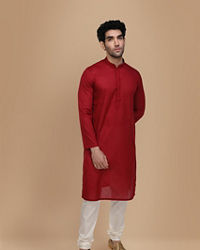 Manyavar Men Ruby Red Plain Kurta Set