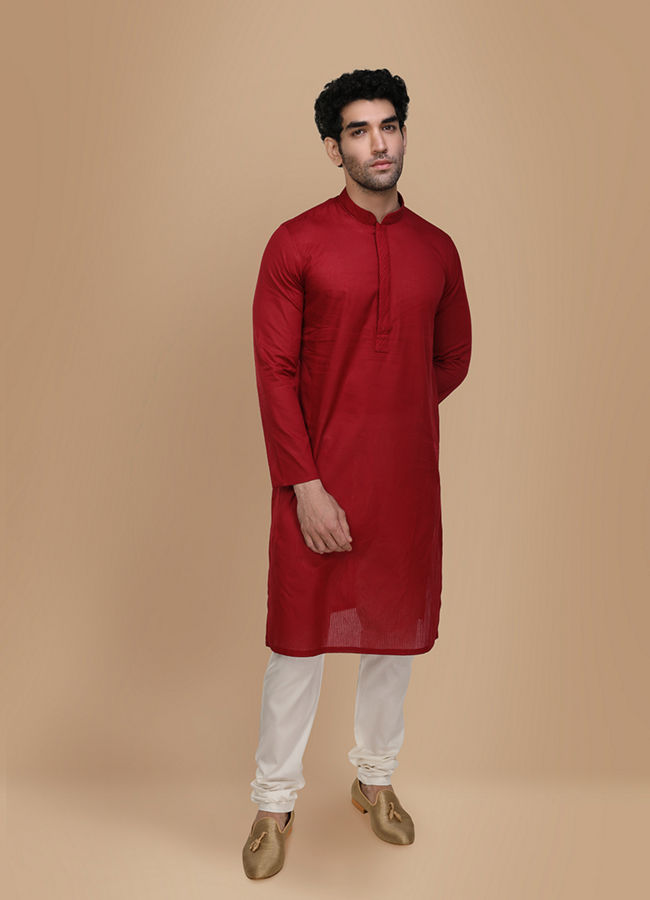 Manyavar Men Ruby Red Plain Kurta Set