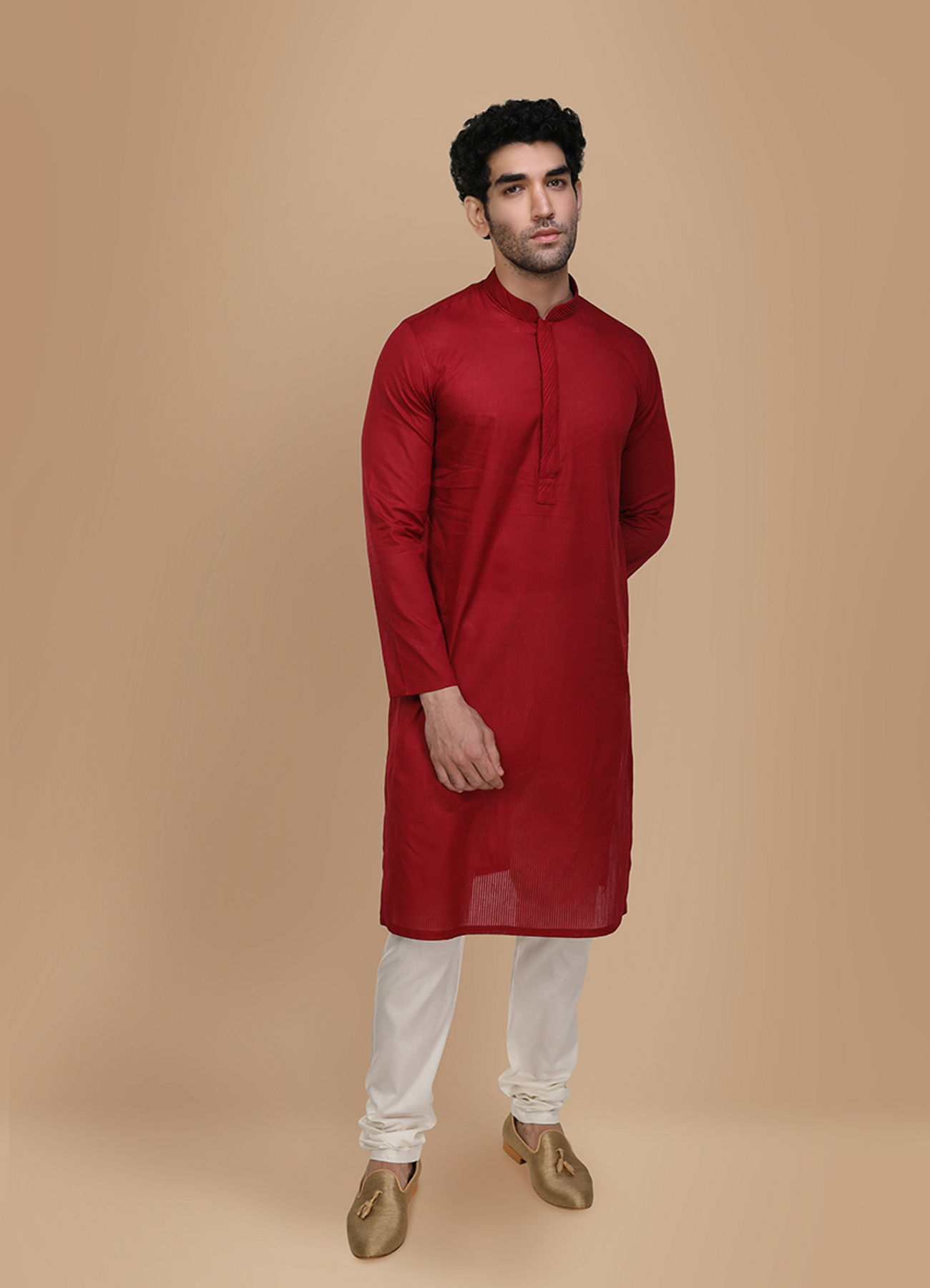Manyavar Men Ruby Red Plain Kurta Set