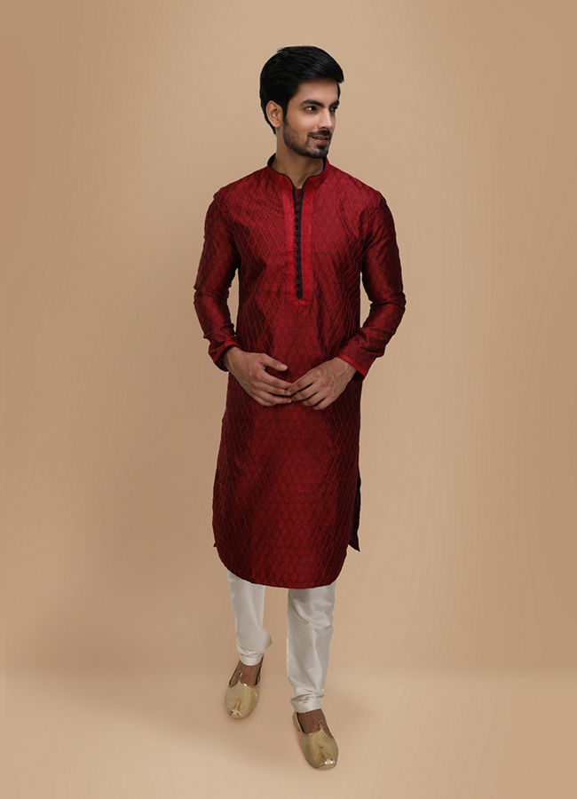 Manyavar Men Maroon Embroidered Jacquard Kurta Set