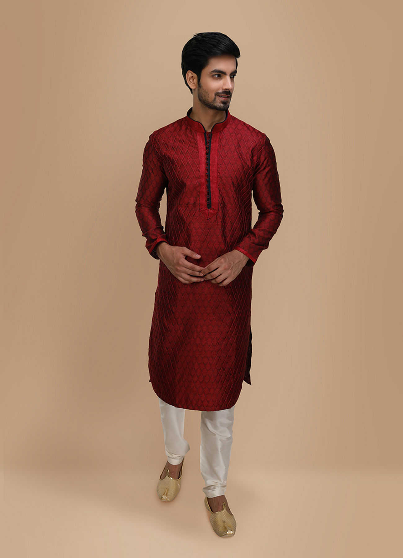 Manyavar Men Maroon Embroidered Jacquard Kurta Set