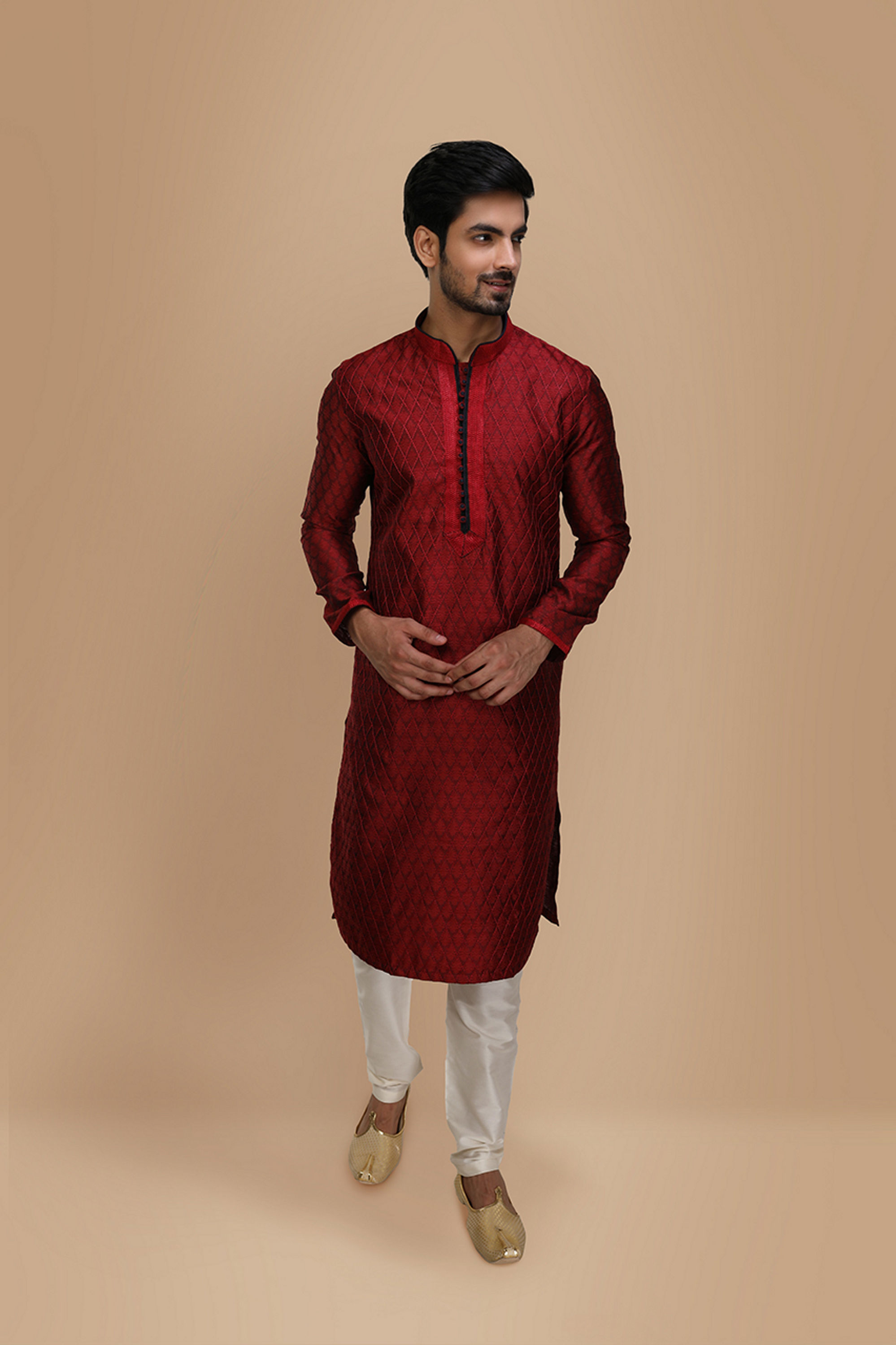 Manyavar Men Maroon Embroidered Jacquard Kurta Set