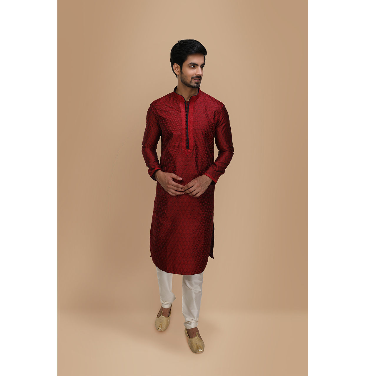 Manyavar Men Maroon Embroidered Jacquard Kurta Set