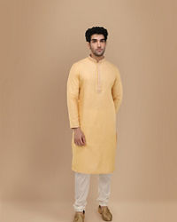 Manyavar Men Macaroon Yellow Self Design Kurta Set