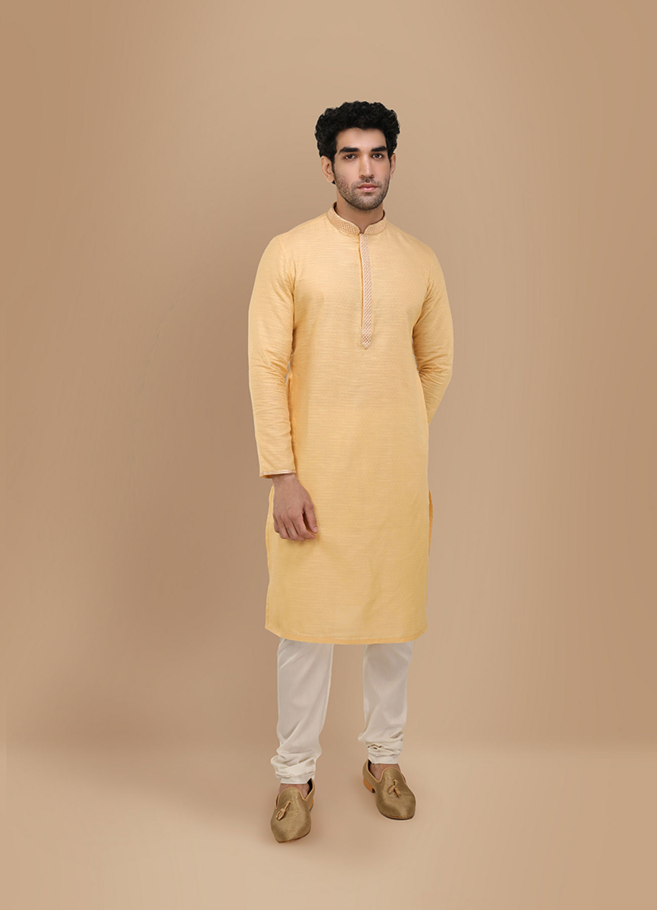 Manyavar Men Macaroon Yellow Self Design Kurta Set
