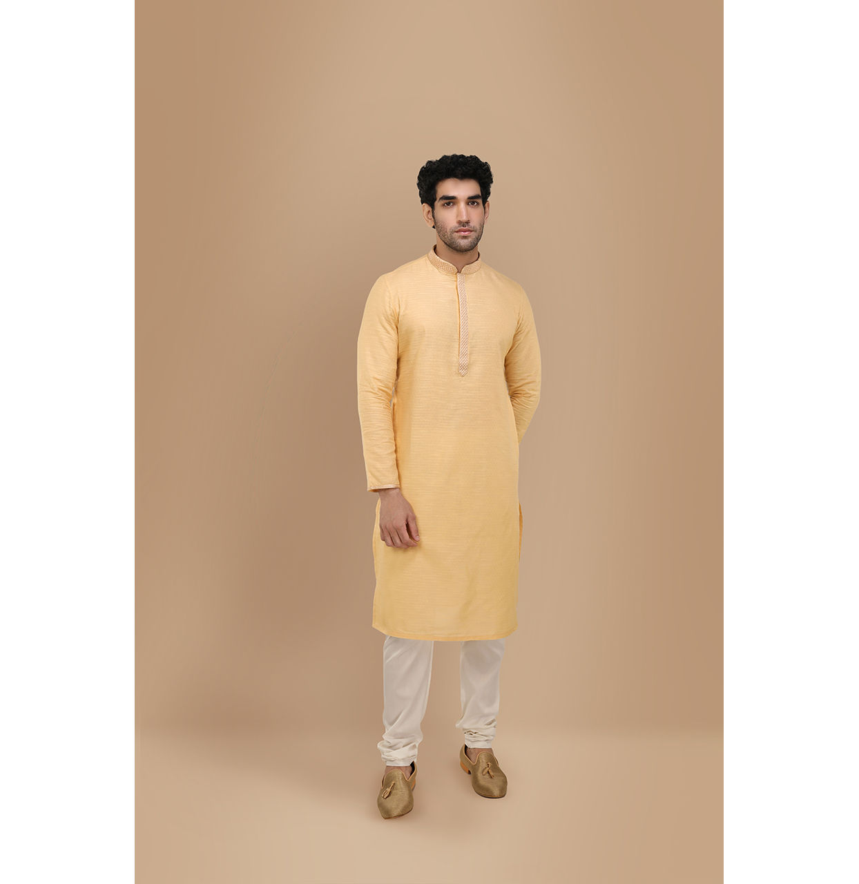 Manyavar Men Macaroon Yellow Self Design Kurta Set