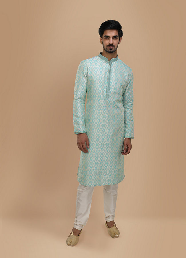 Manyavar Men Sky Blue Jacquard Kurta Set image number 1