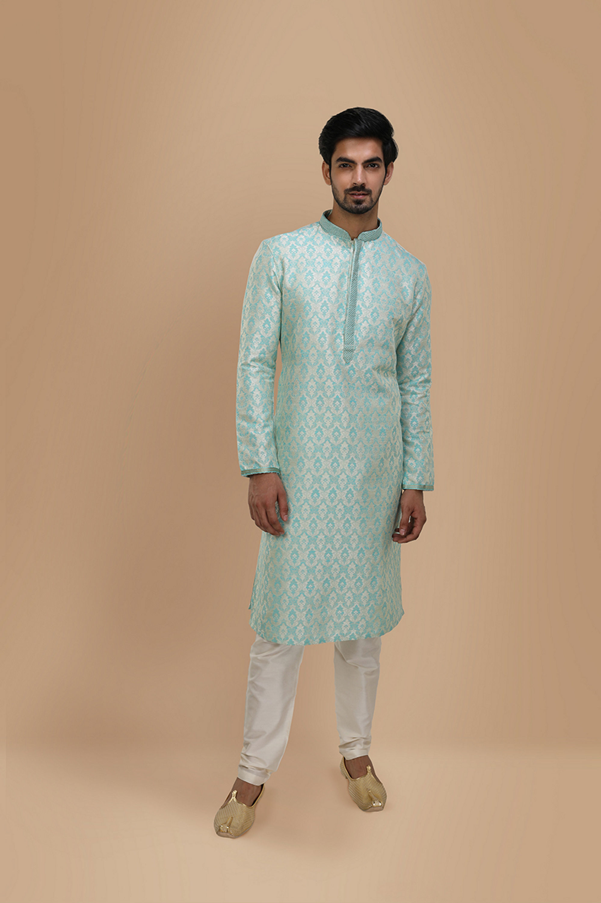 Manyavar Men Sky Blue Jacquard Kurta Set