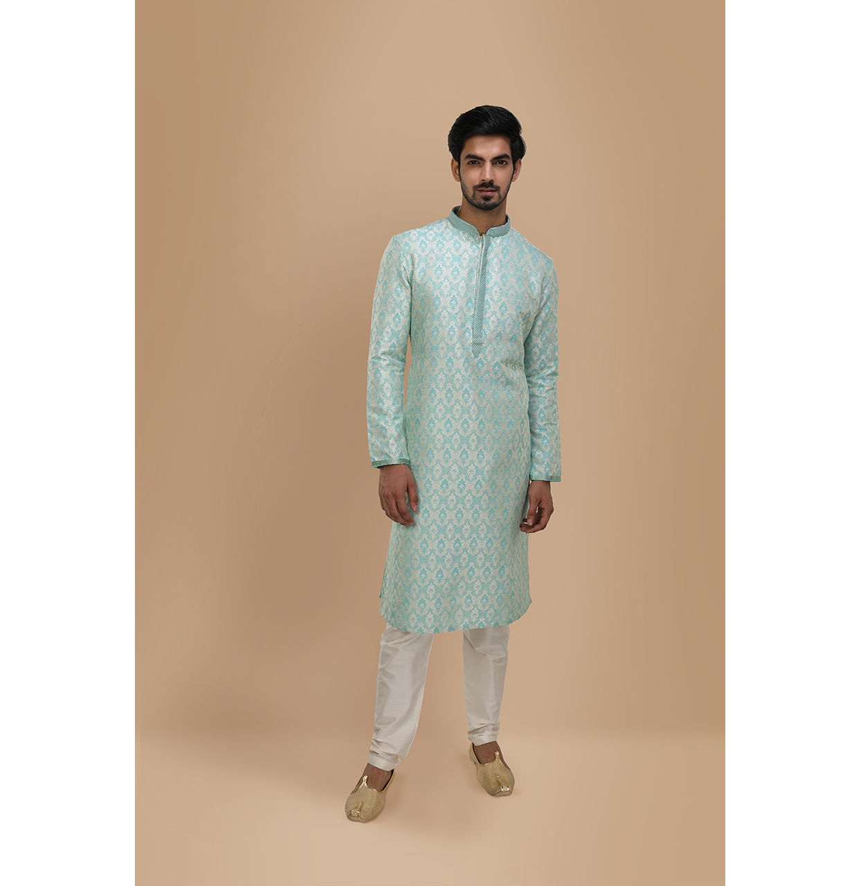 Manyavar Men Sky Blue Jacquard Kurta Set