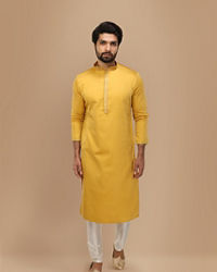 Manyavar Men Mustard Yellow Solid Kurta Set With Neck Detailing