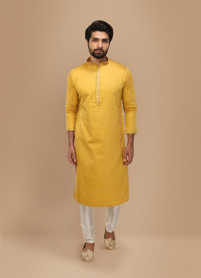 Manyavar Men Mustard Yellow Solid Kurta Set With Neck Detailing