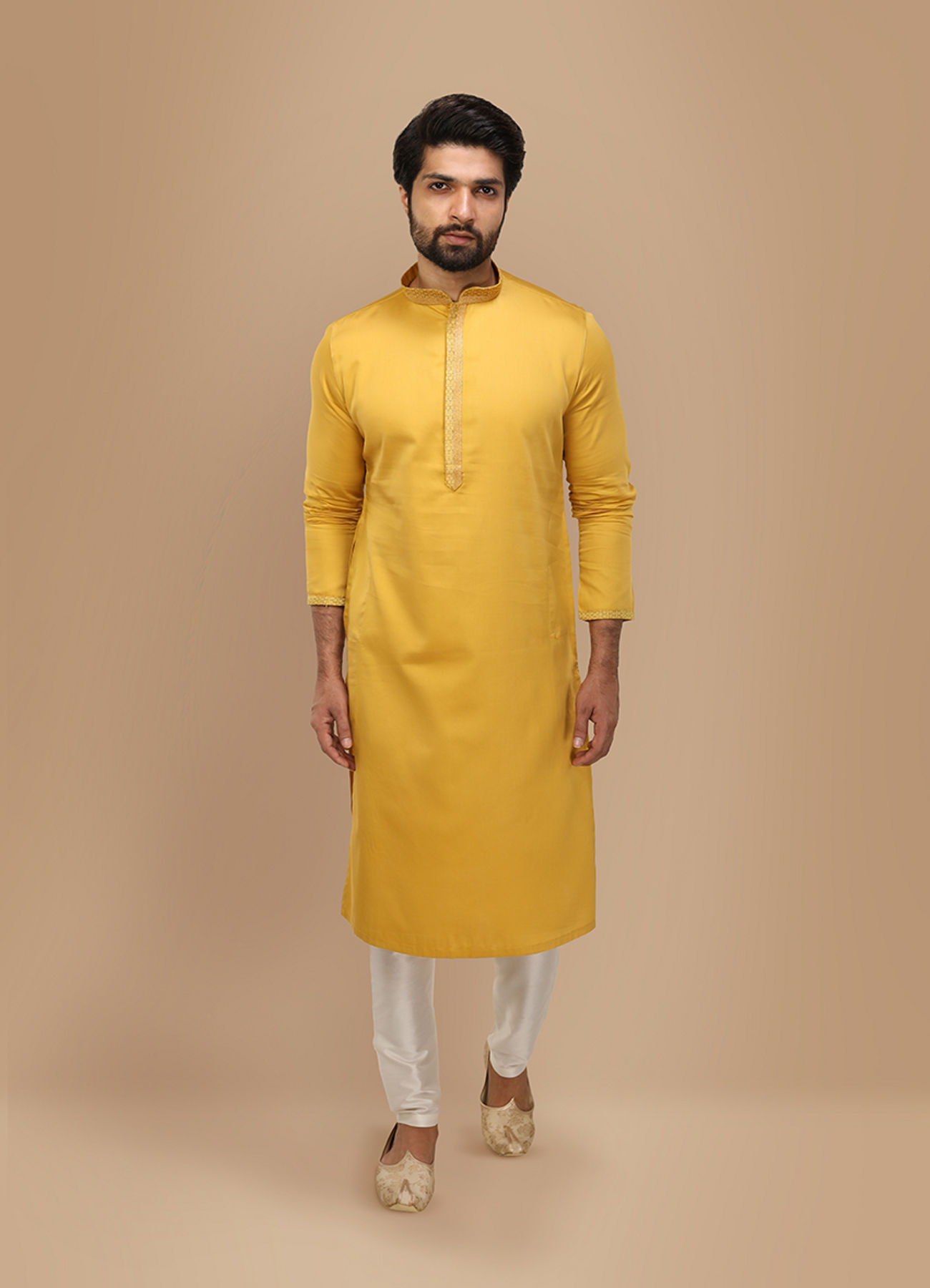 Manyavar Men Mustard Yellow Solid Kurta Set With Neck Detailing