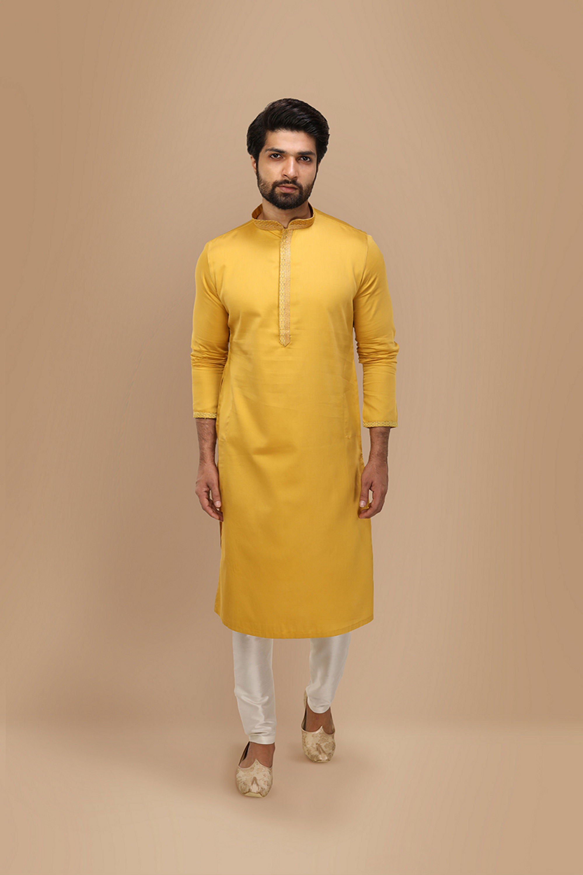 Manyavar Men Mustard Yellow Solid Kurta Set With Neck Detailing