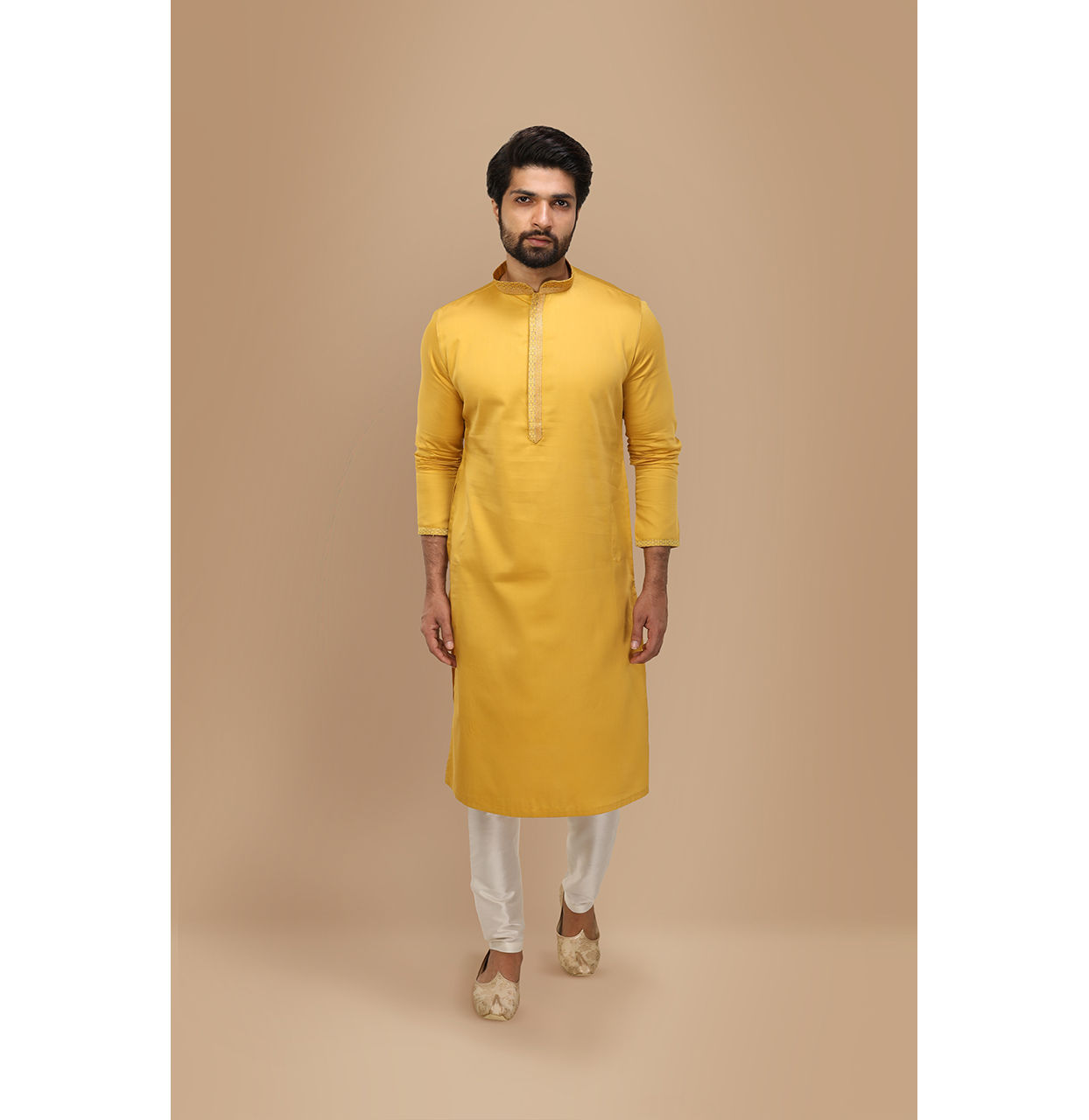 Manyavar Men Mustard Yellow Solid Kurta Set With Neck Detailing