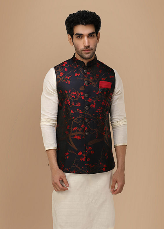 Manyavar Men Royal Blue Self Print Jacket