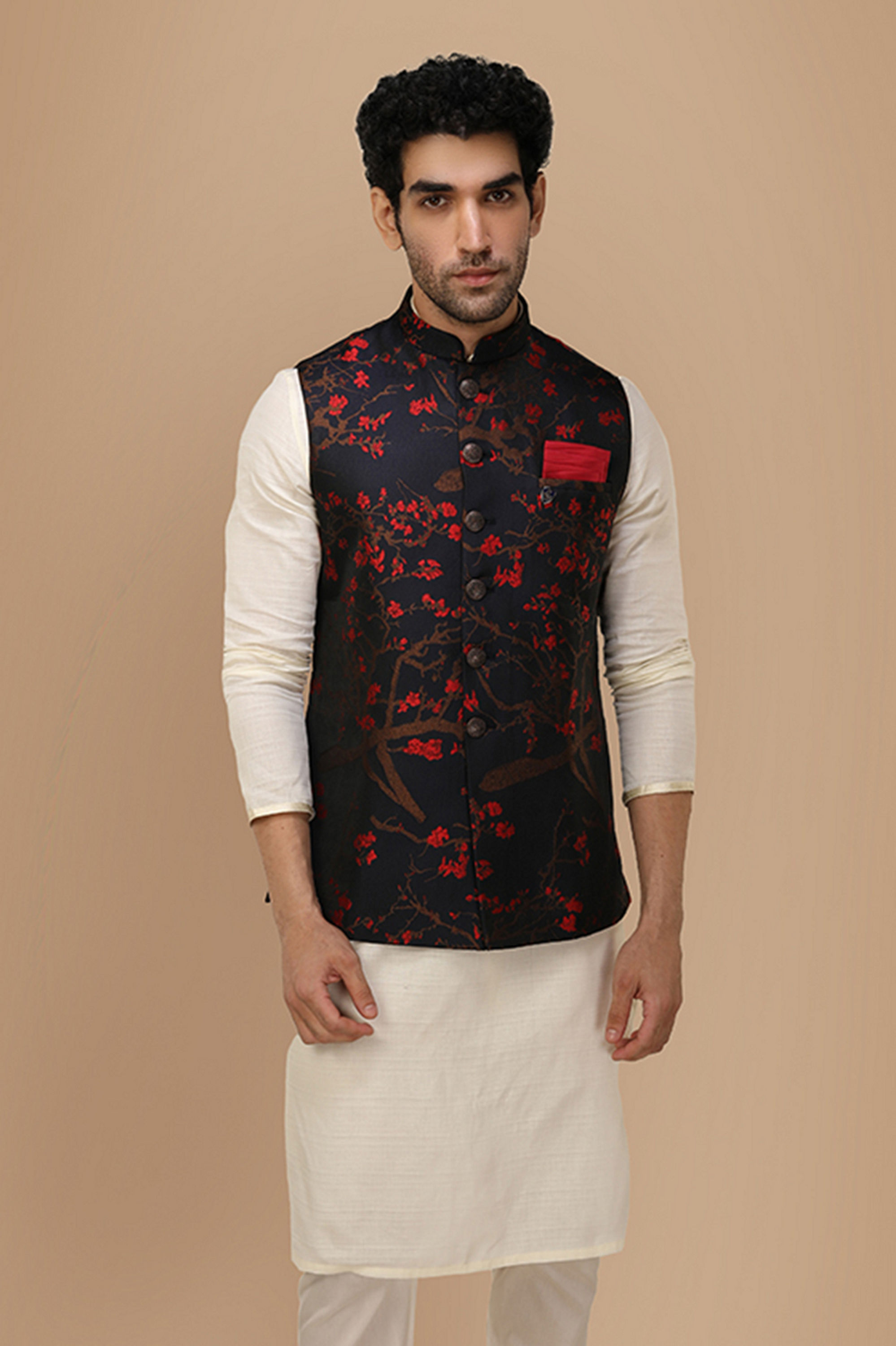 Manyavar Men Royal Blue Self Print Jacket