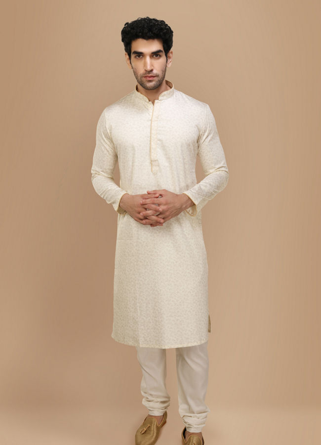 alt message - Manyavar Men Elegant Cream Kurta Set image number 1