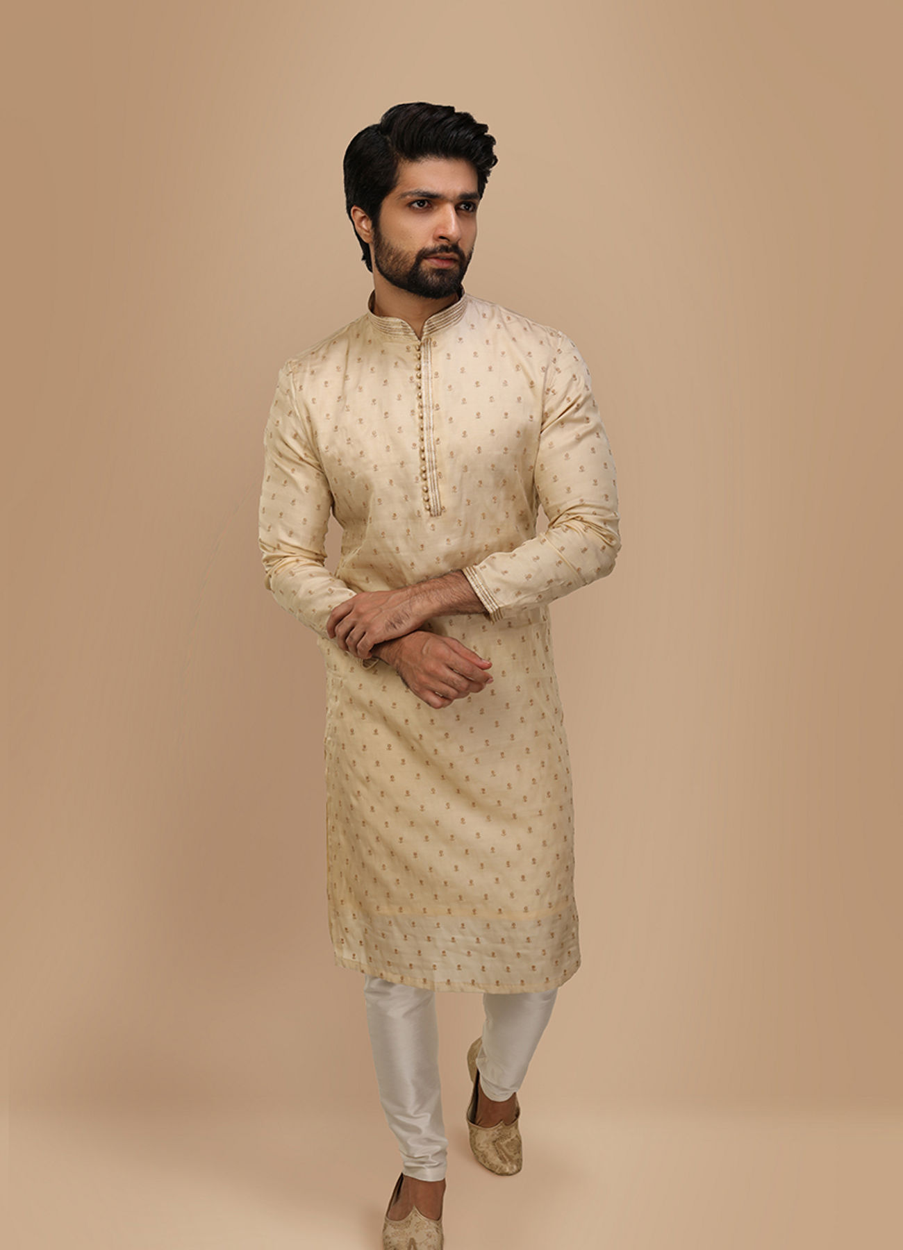 Manyavar Men Beige Self Motif Kurta Set