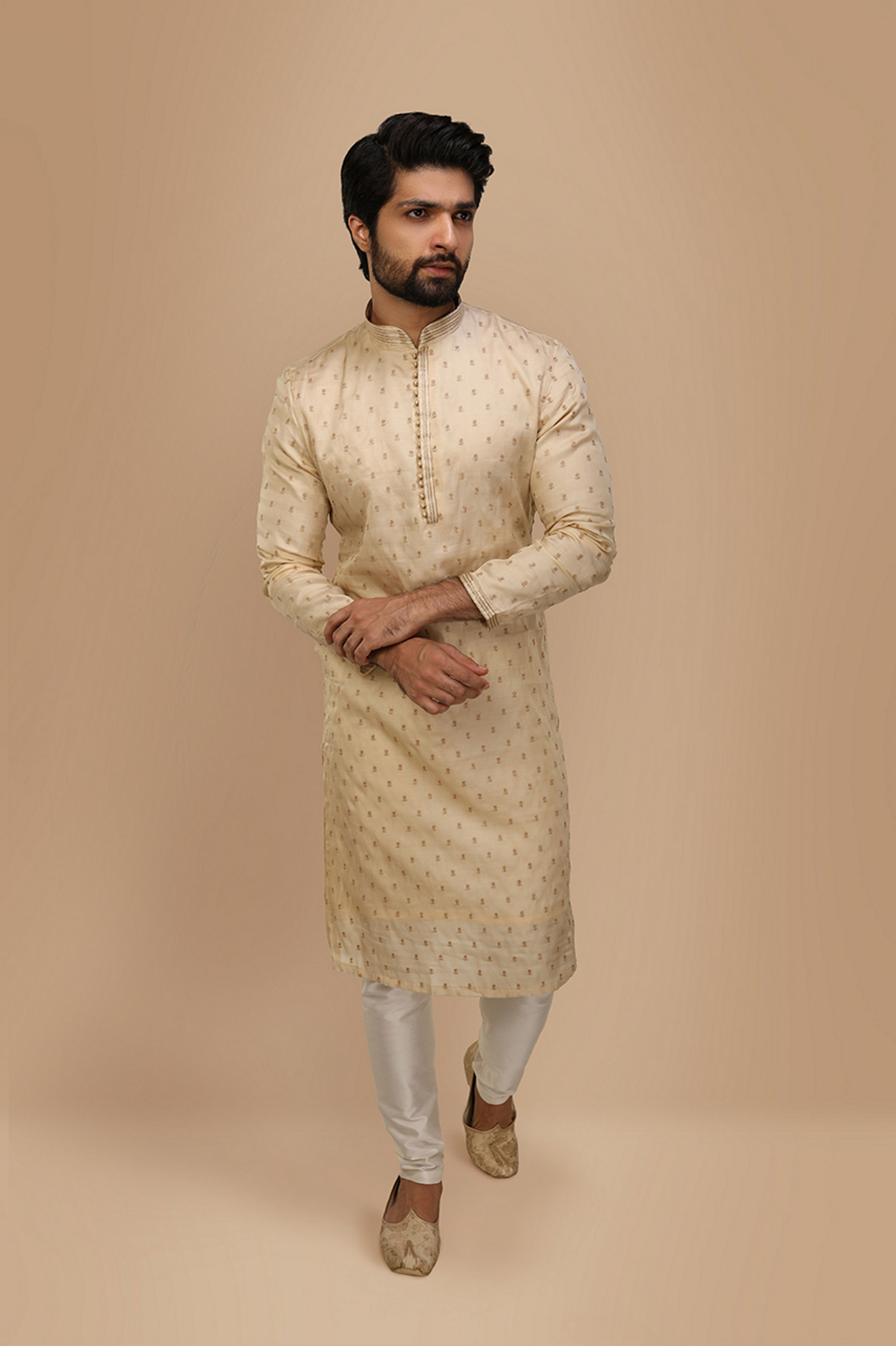 Manyavar Men Beige Self Motif Kurta Set