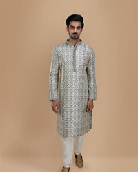 Manyavar Men Cloud Grey Jacquard Kurta Set