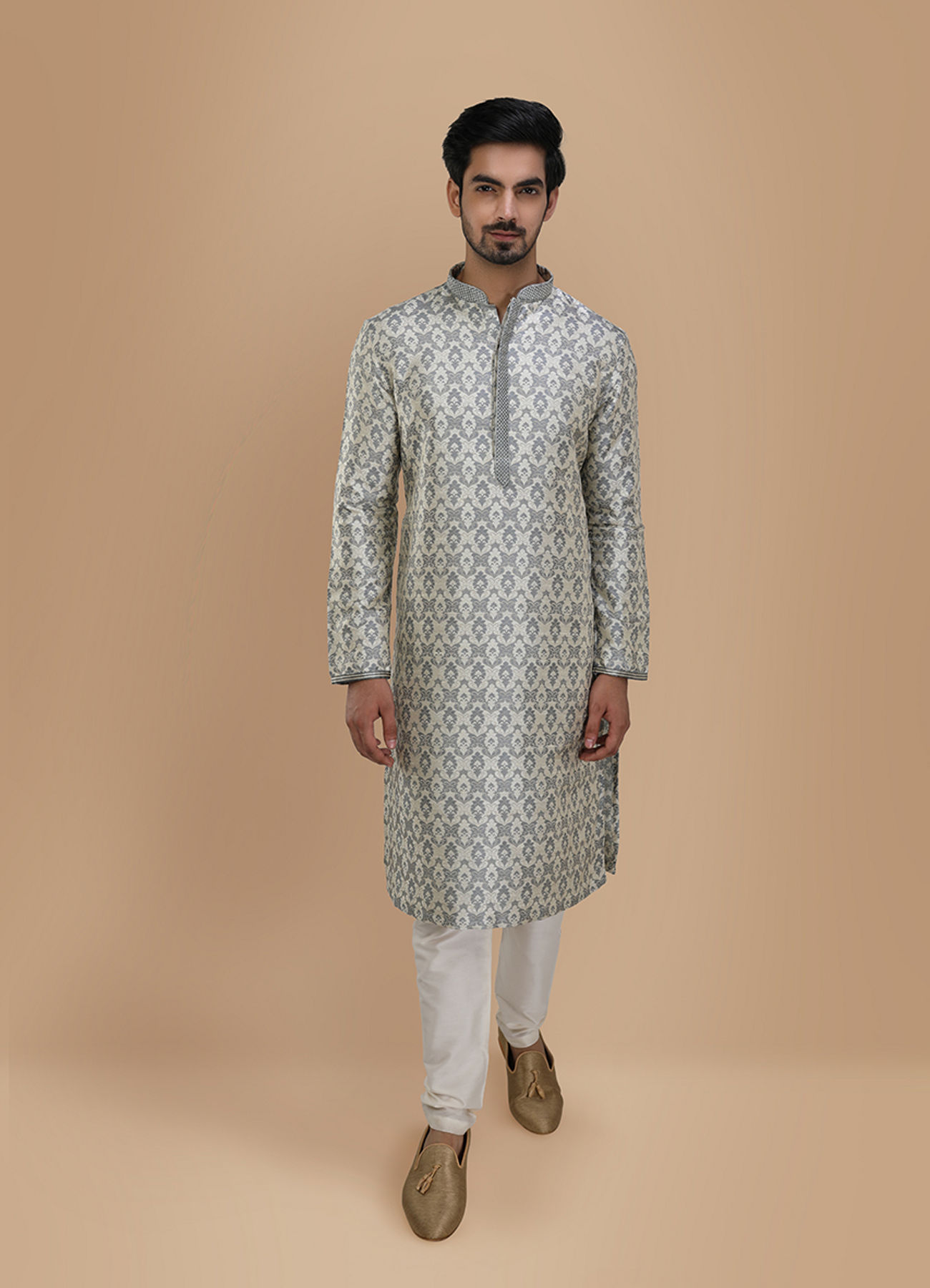 Manyavar Men Cloud Grey Jacquard Kurta Set