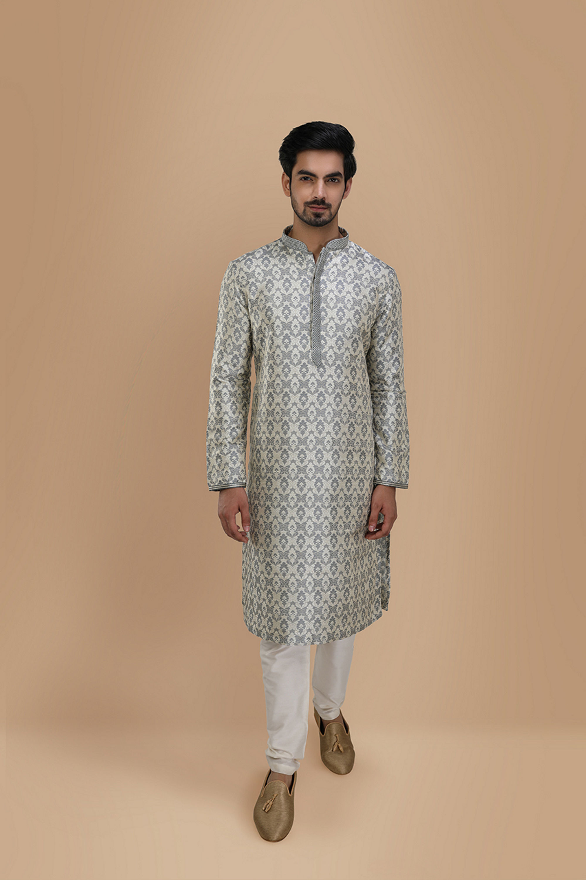 Manyavar Men Cloud Grey Jacquard Kurta Set