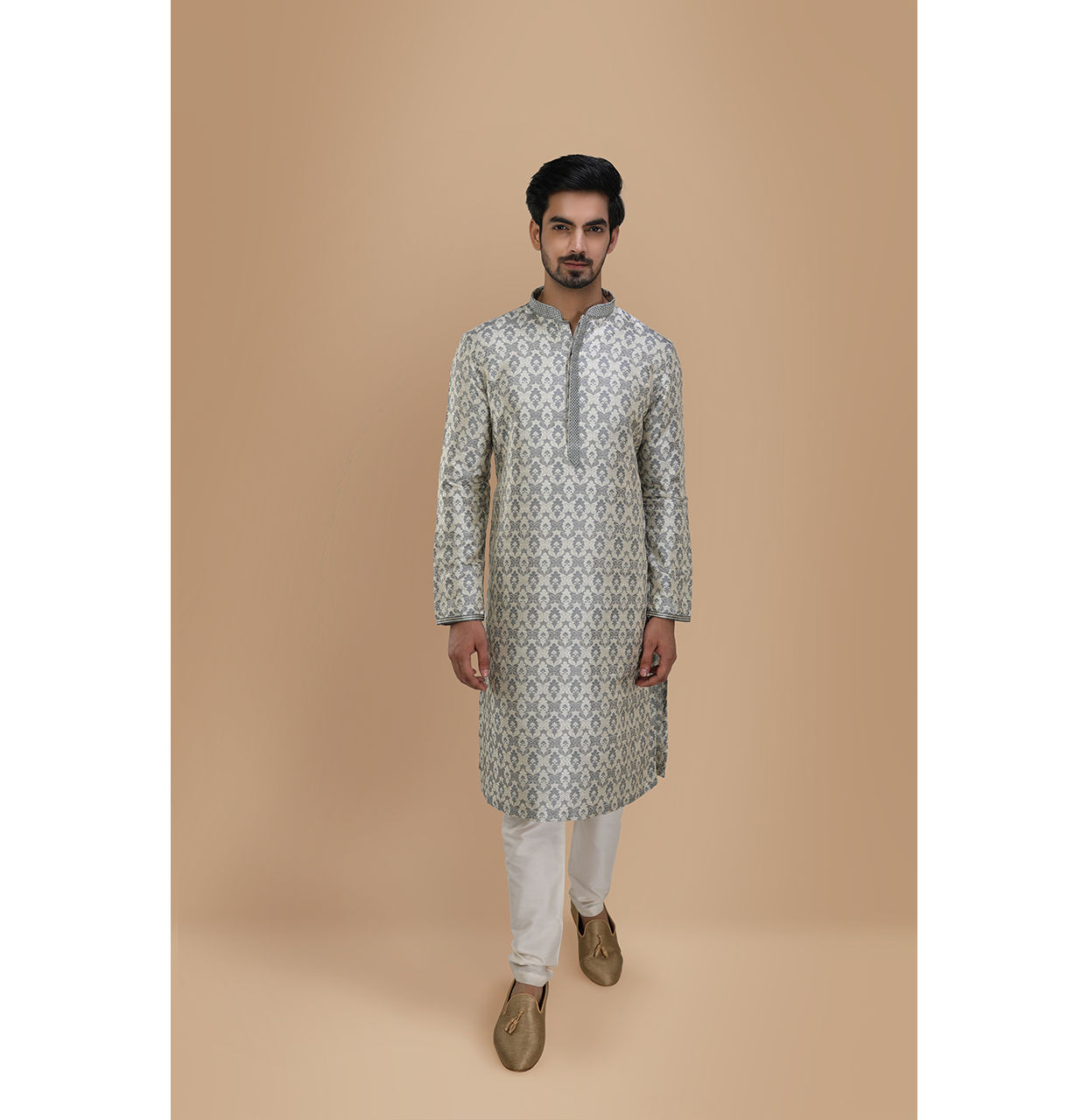Manyavar Men Cloud Grey Jacquard Kurta Set