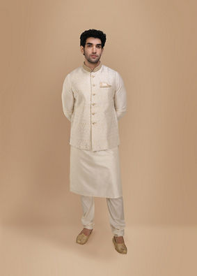 alt message - Manyavar Men Traditional Off White Jacket image number 1