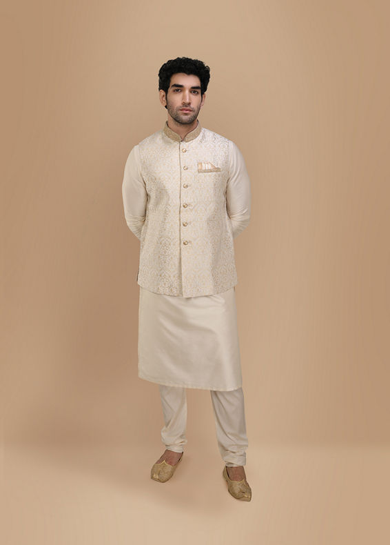 Manyavar Men Traditional Off White Jacket