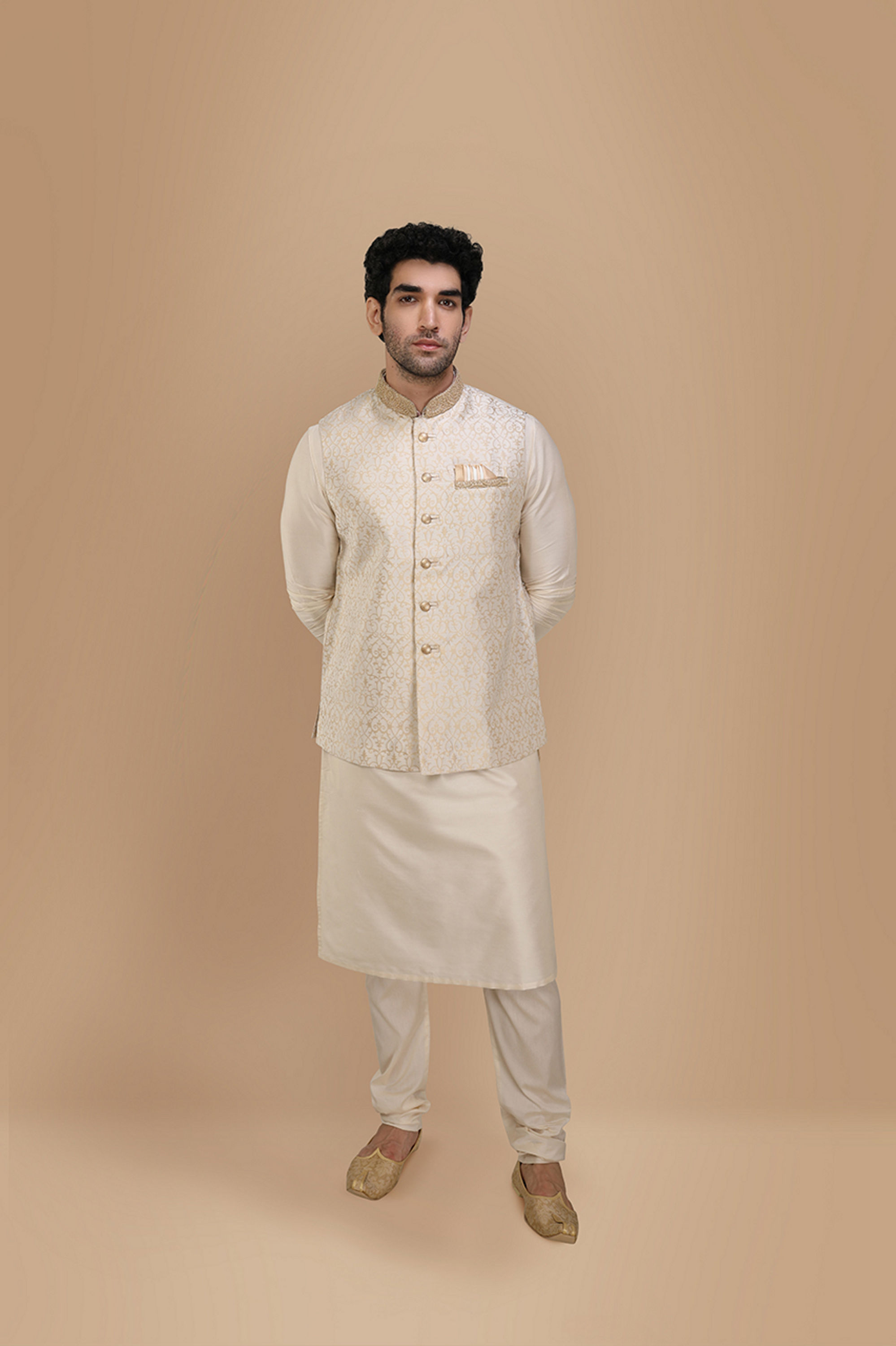 Manyavar Men Traditional Off White Jacket