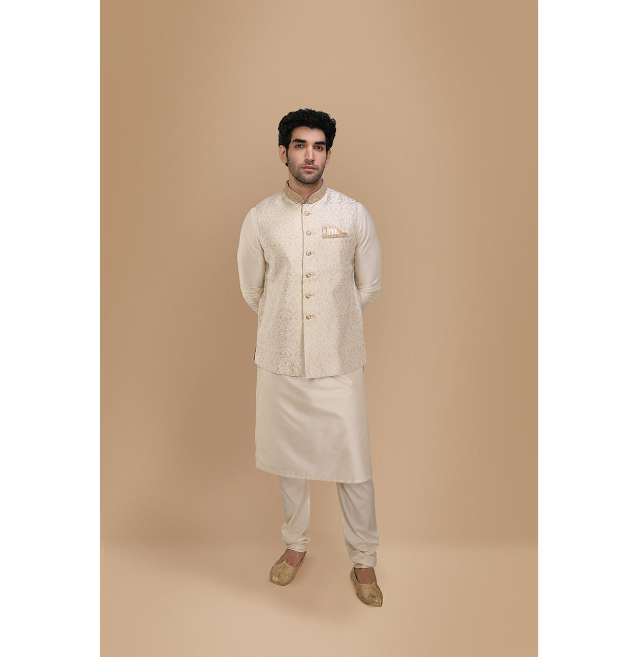 alt message - Manyavar Men Traditional Off White Jacket image number 1