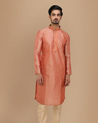 Manyavar Men Deep Coral Self Motif Kurta Set