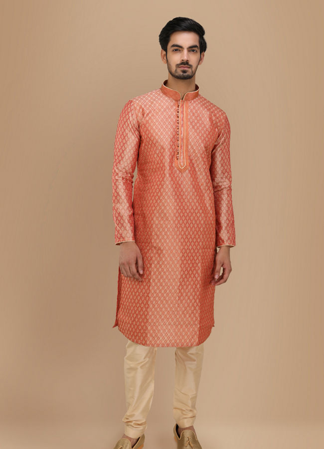 alt message - Manyavar Men Deep Coral Self Motif Kurta Set image number 1