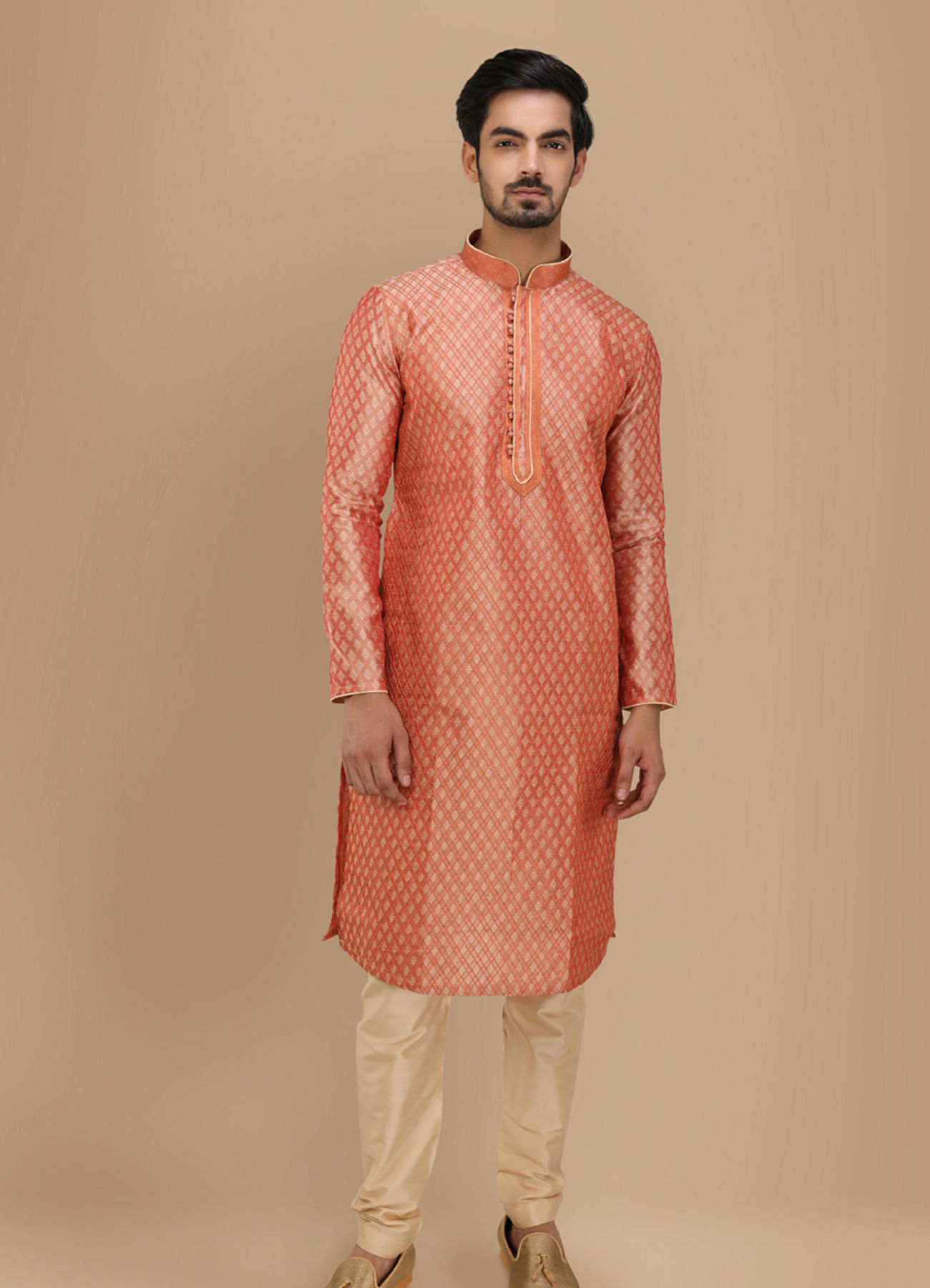 Manyavar Men Deep Coral Self Motif Kurta Set