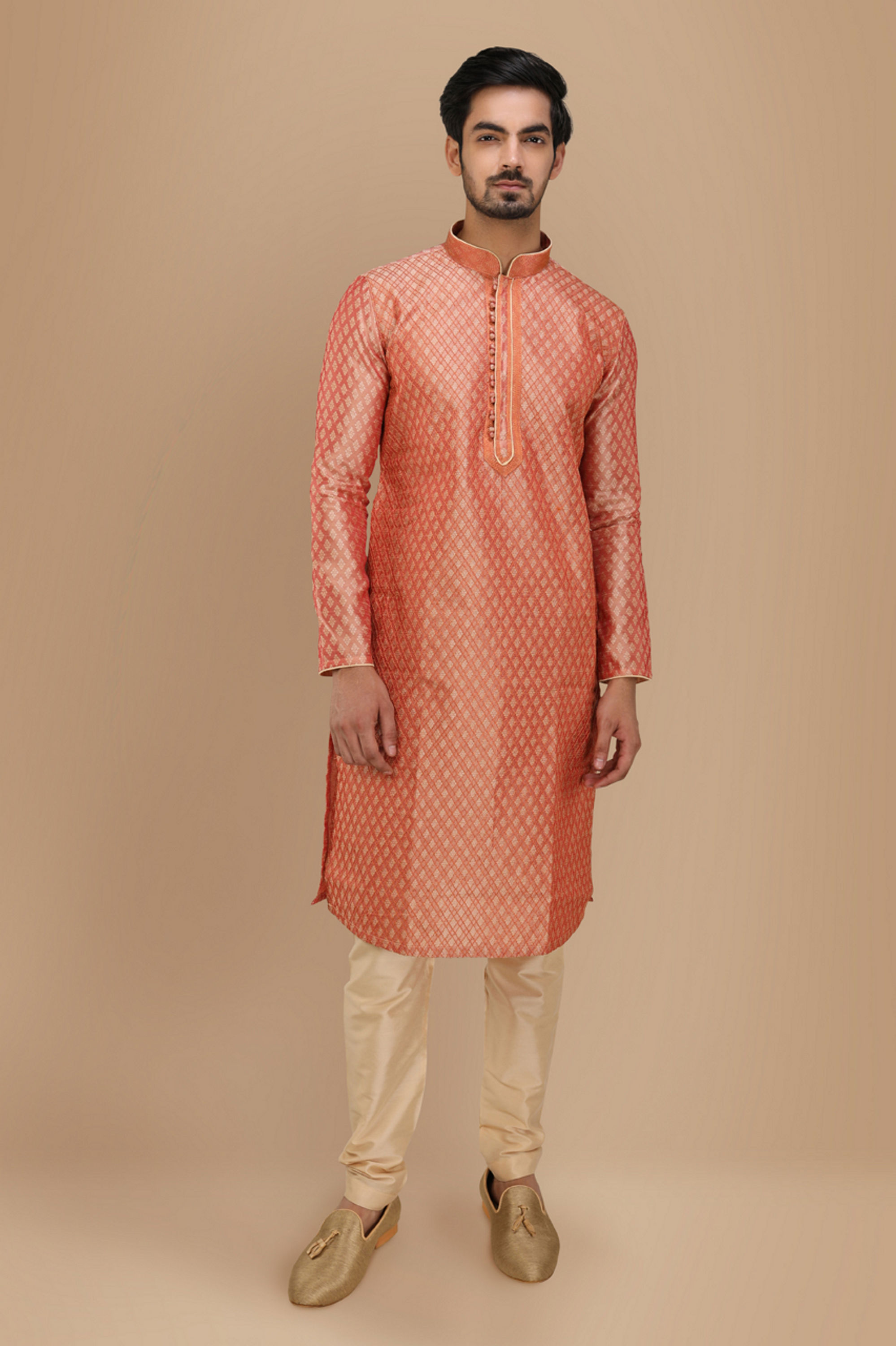 Manyavar Men Deep Coral Self Motif Kurta Set