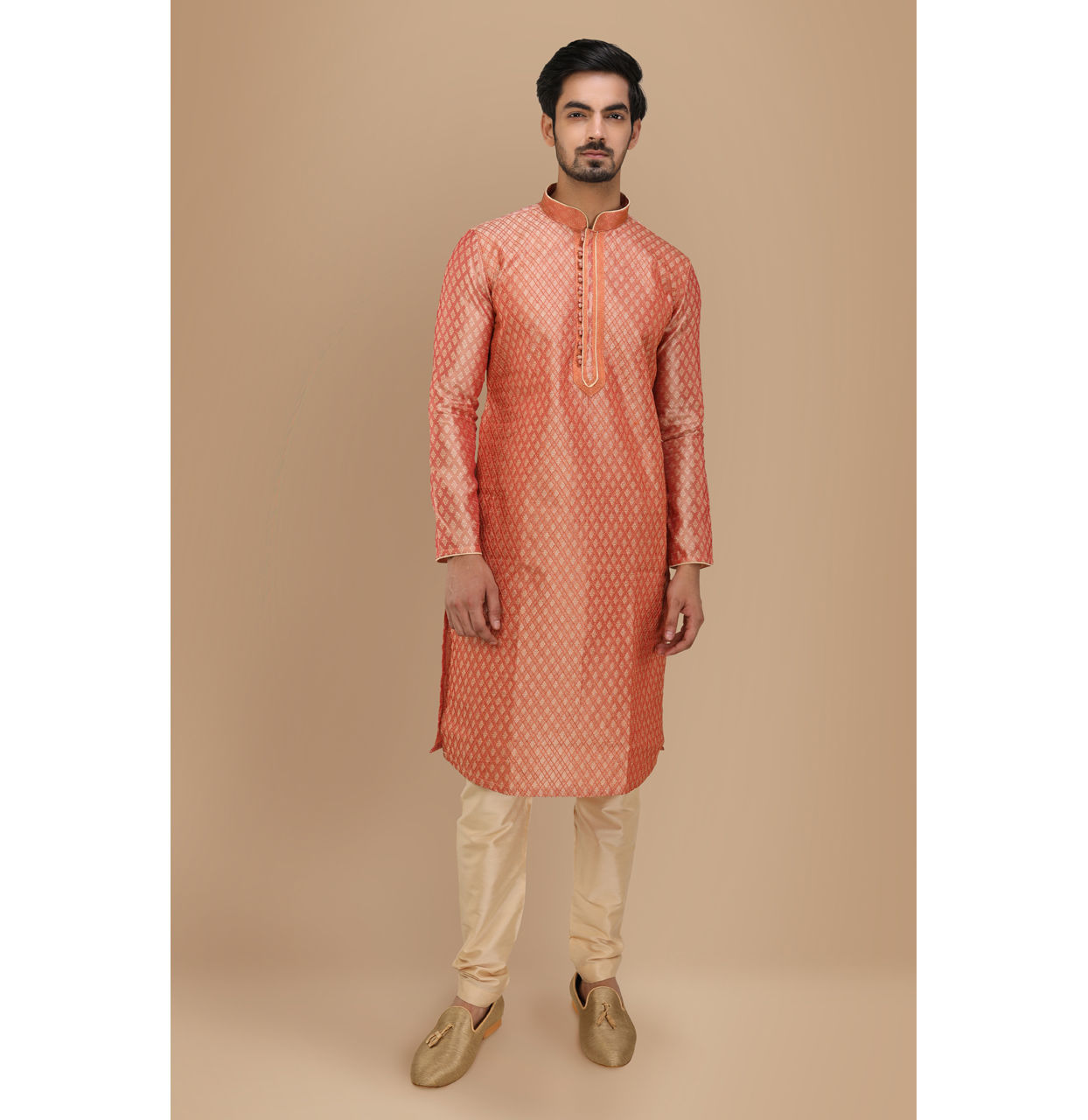 Manyavar Men Deep Coral Self Motif Kurta Set