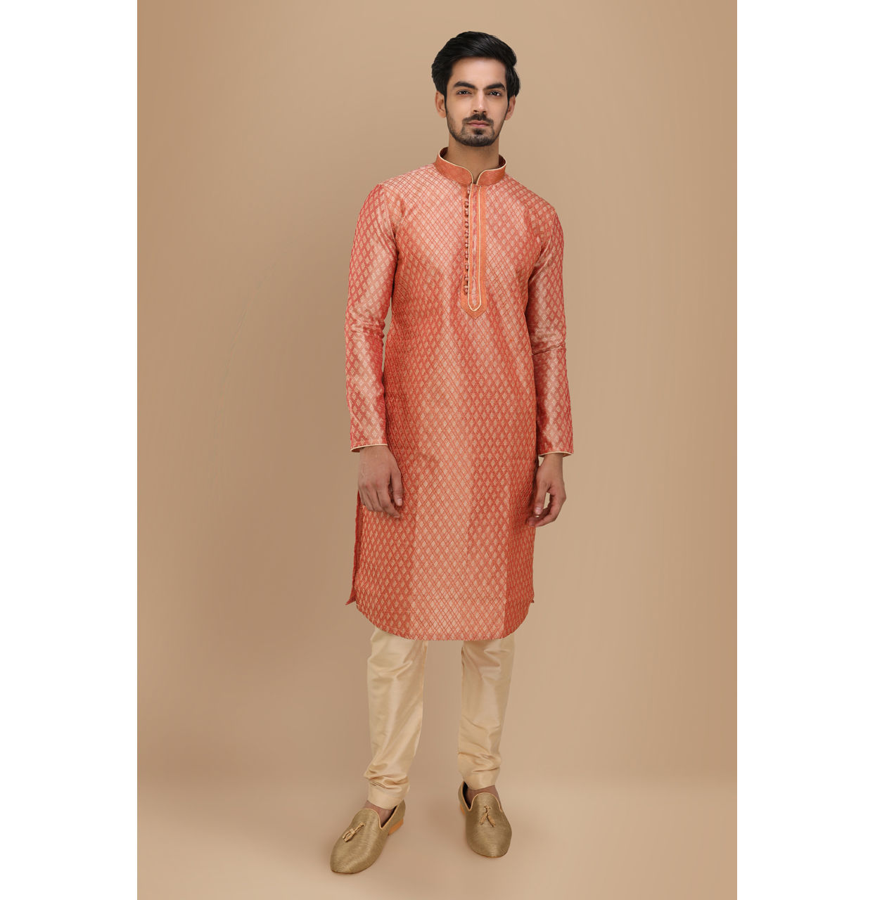 alt message - Manyavar Men Deep Coral Self Motif Kurta Set image number 1