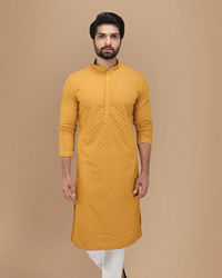 alt message - Manyavar Men Mustard Yellow Chikankari Kurta Set image number 1