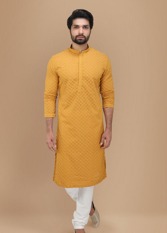 Manyavar Men Mustard Yellow Chikankari Kurta Set