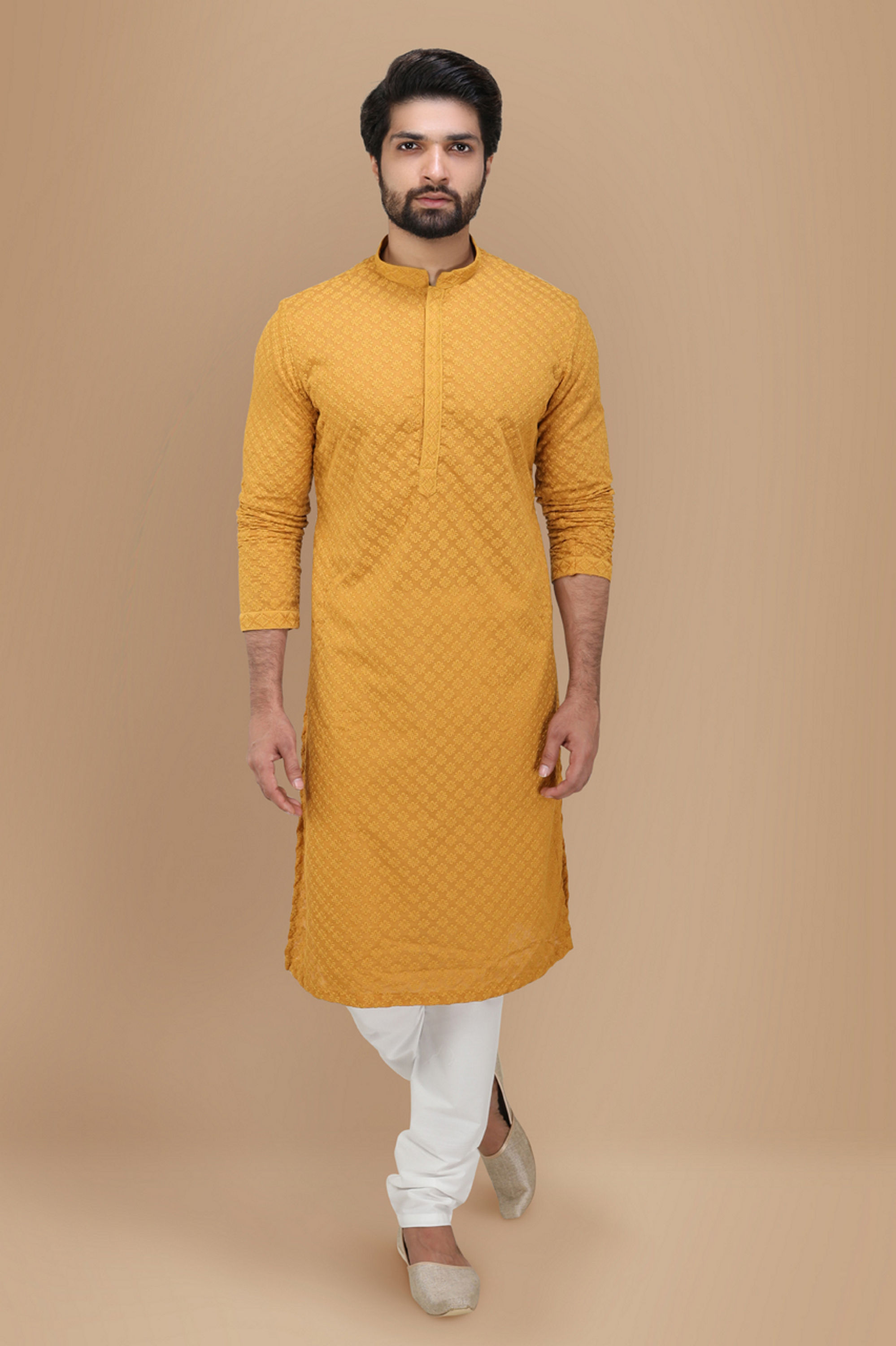 Manyavar Men Mustard Yellow Chikankari Kurta Set