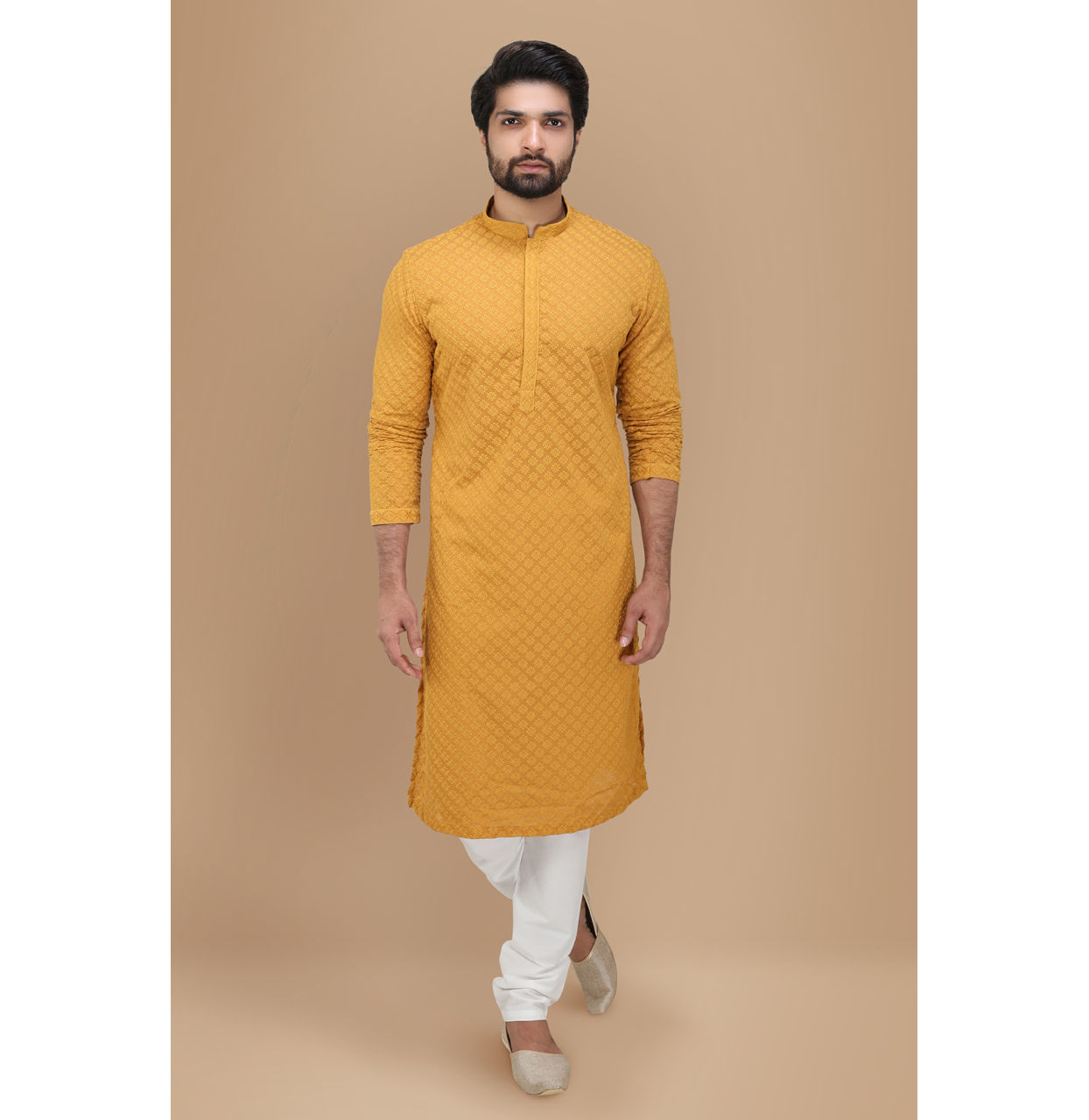 alt message - Manyavar Men Mustard Yellow Chikankari Kurta Set image number 1