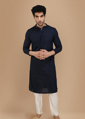 alt message - Manyavar Men Royal Blue Chikankari Kurta Pajama image number 1