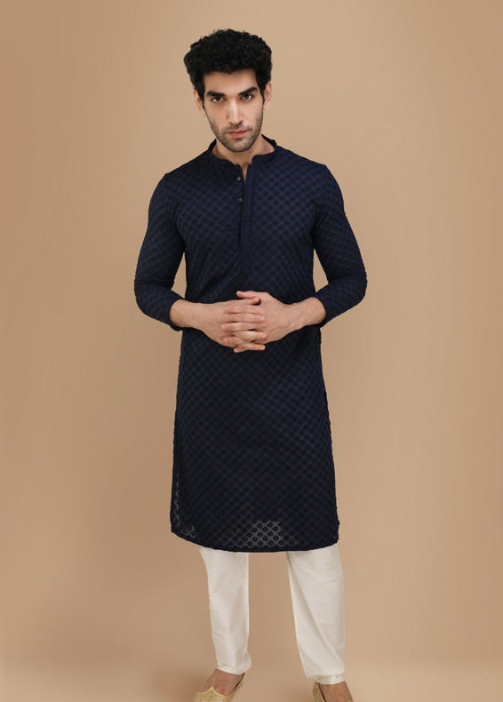 Manyavar Men Royal Blue Chikankari Kurta Pajama